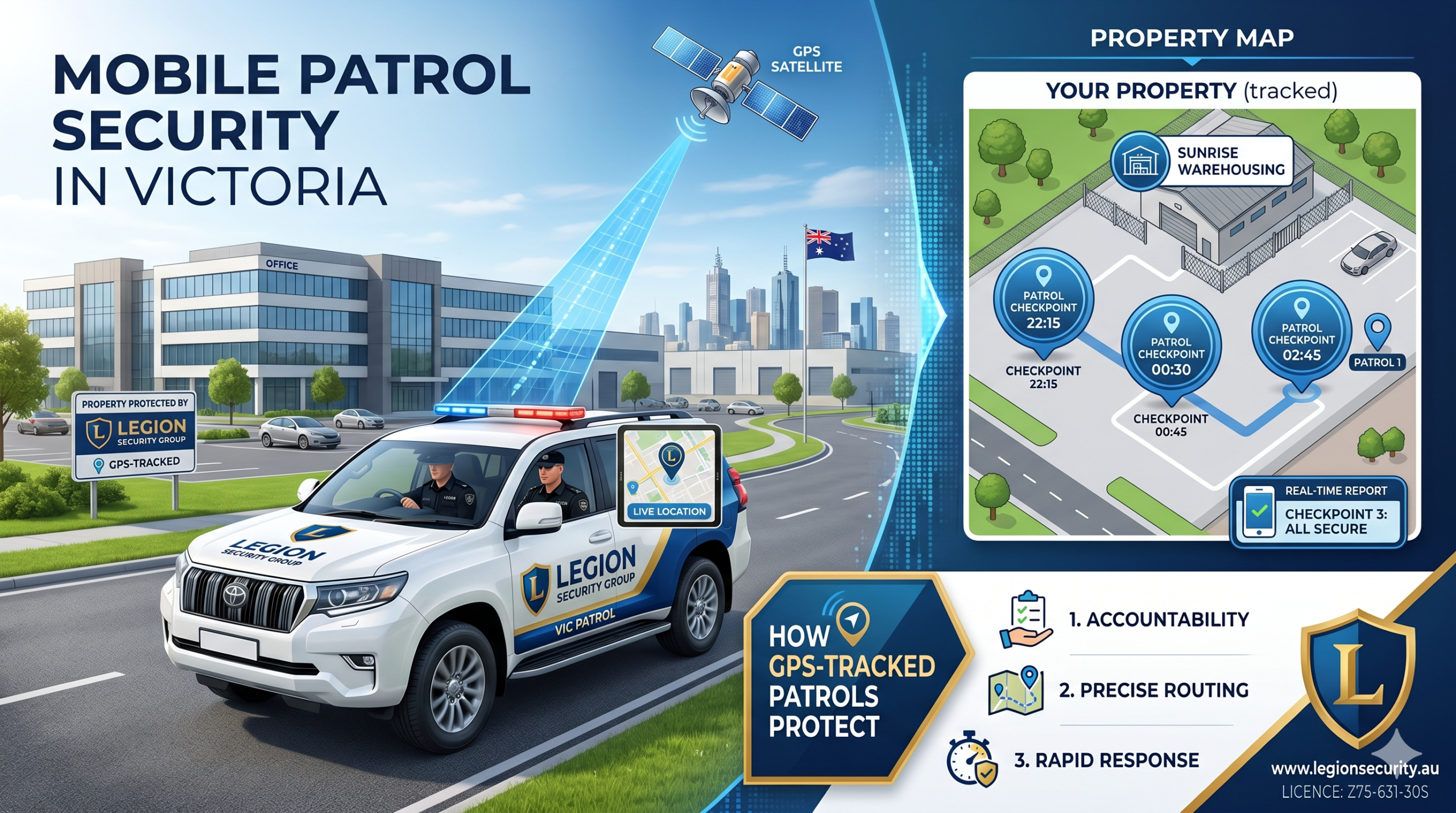 GPS-tracked mobile patrol security vehicle in Victoria